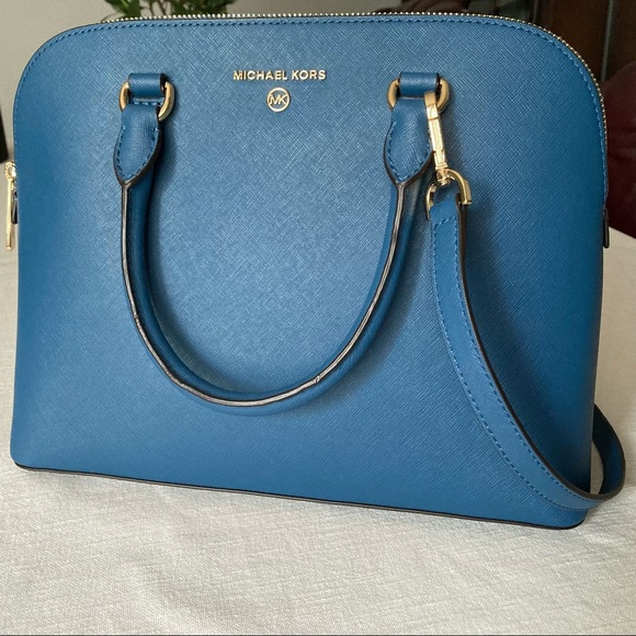 MICHAEL KORS Cindy Large Dome Crossgrain Blue Chambray Leather Satchel Purse Bag - Picture 1 of 14
